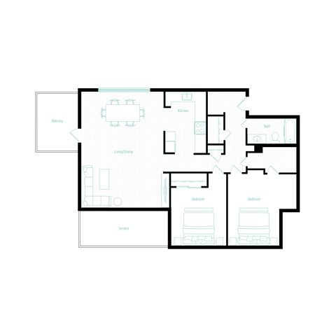 A floor plan of a house with a kitchen, living room, dining room, and two bedrooms.
